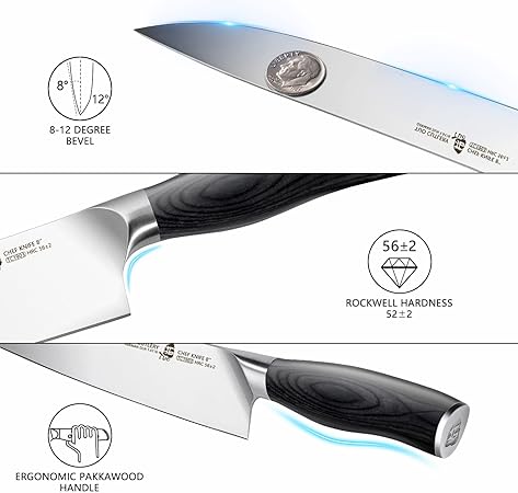 TUO 8 pcs Chef Knife Set,Knives Set for Kitchen,Professional Kitchen Knife Set,Knife Set with Sharpener, German Stainless Steel Pakkawood Handle Gift Box Cutlery, Fiery Phoenix Series - Black