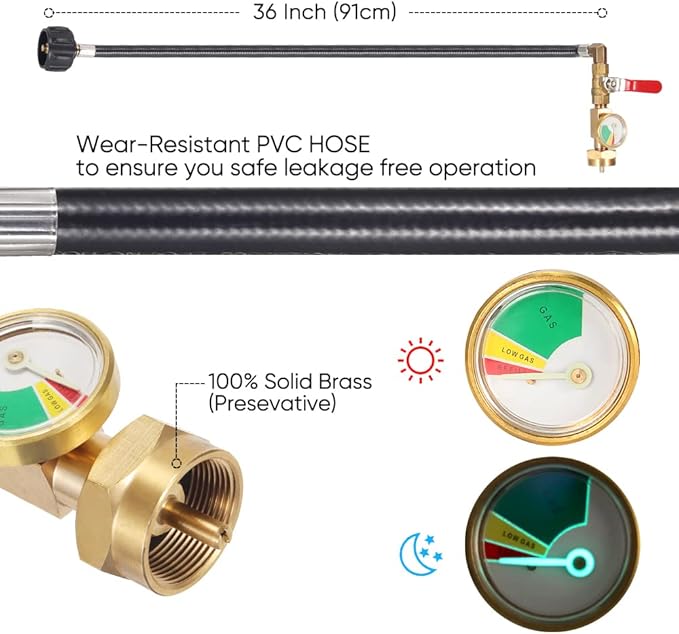全新升级版带压力表的36英寸丙烷气罐充气适配器软管，350PSI高压露营烧烤炉（QCC/Type 1接口），1磅丙烷气罐适配器连接器，带开关控制阀