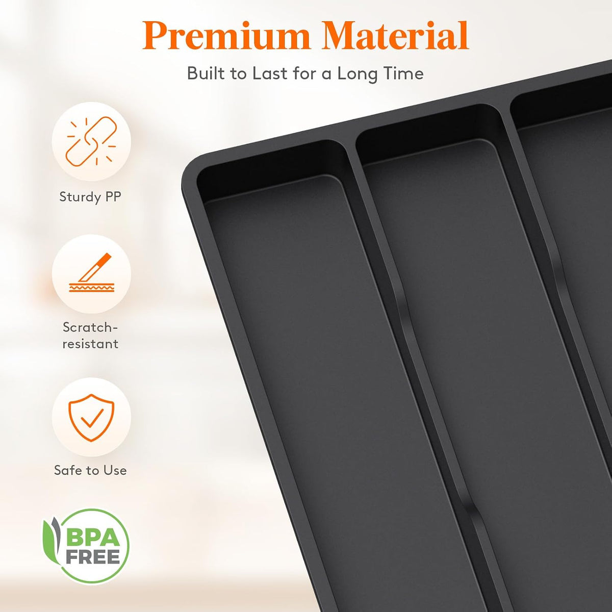 Utensil Drawer Organizer, Expendable Cooking Silverware Tray for Kitchen Drawer, Adjustable Cutlery Flatware Holder, Plastic Spatula Tools and Gadgets Storage Divider, 4 Compartments, Black