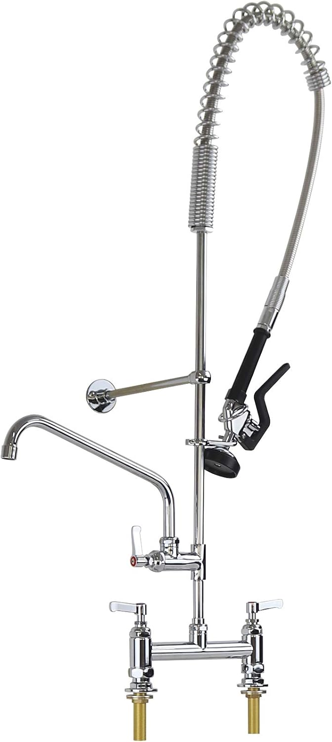 Commercial Kitchen Faucet Deck Mount 8’’ Center with Pre-Rinse Sprayer 44’’ Height Kitchen Sink Faucet with 12’’ Add-on Swivel Spout Faucet and Coiled Spring Pull Down Spray
