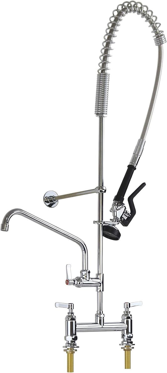 Commercial Kitchen Faucet Deck Mount 8’’ Center with Pre-Rinse Sprayer 44’’ Height Kitchen Sink Faucet with 12’’ Add-on Swivel Spout Faucet and Coiled Spring Pull Down Spray