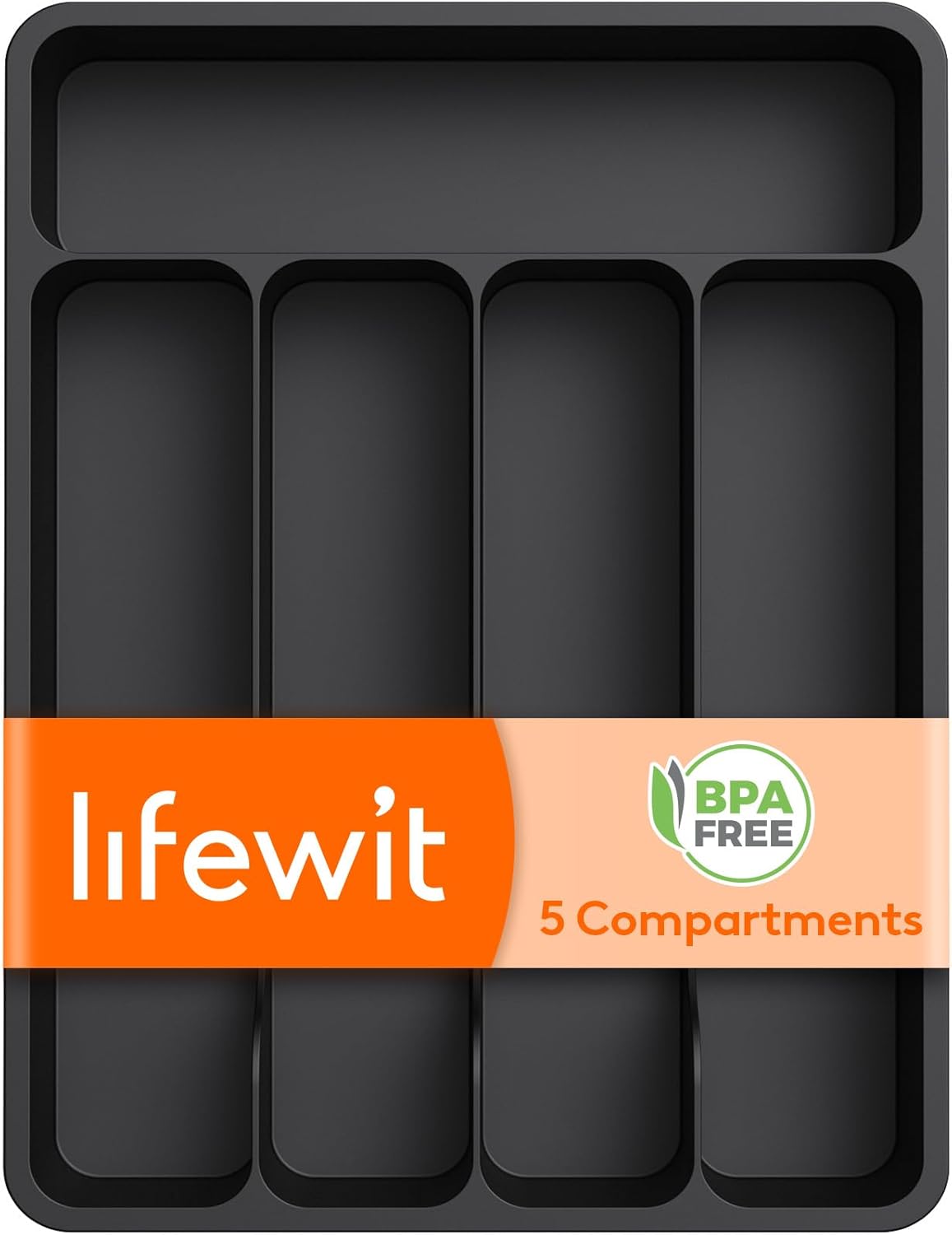 Silverware Drawer Organizer Tray, Plastic Cutlery Organizer for Kitchen Drawer, Flatware and Utensil Holder Divider for Spoons Forks Knives Tableware, 5 Compartment, Black