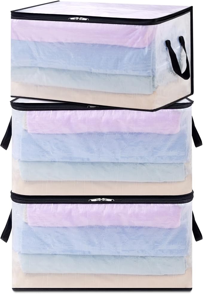 4 Pack Plastic Clothes Storage Bags, 60L Foldable Storage Containers Closet Organizers and Storage Moving Bags with Sturdy Zipper Lids Reinforced Handle for Bedding, Blanket, Comforter