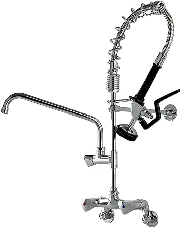 Commercial Kitchen Faucet Wall Mount with Pre-Rinse Sprayer 26" Height Wall Mount Kitchen Sink Faucet 4 to 8 Inch Center with Coiled Spring Pull Down Spray & 12" Add-on Swing Spout Faucet