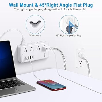 Extension Cord 10FT, Surge Protector Power Strip with 8 Widely Outlets 4 USB Ports, Flat Plug, Wall Mount Outlet Extender, Multiple Outlets for Indoor Home Office, Dorm Room Essentials