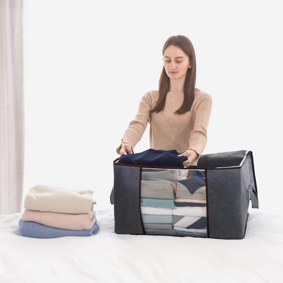 3 Pack, 90L , Large Capacity Clothes Storage Bag Organizer with Reinforced Handle Thick Fabric for Comforters, Blankets, Bedding, Foldable with Sturdy Zipper, Clear Window