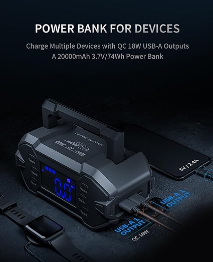 便携式汽车应急启动器 3000A 带空气压缩机 12V 电池启动器，适用于 8.0L 汽油和柴油发动机，可作为应急启动电源、充电器和移动电源使用，全天候适用。访问 GREEN KEEPER 商店