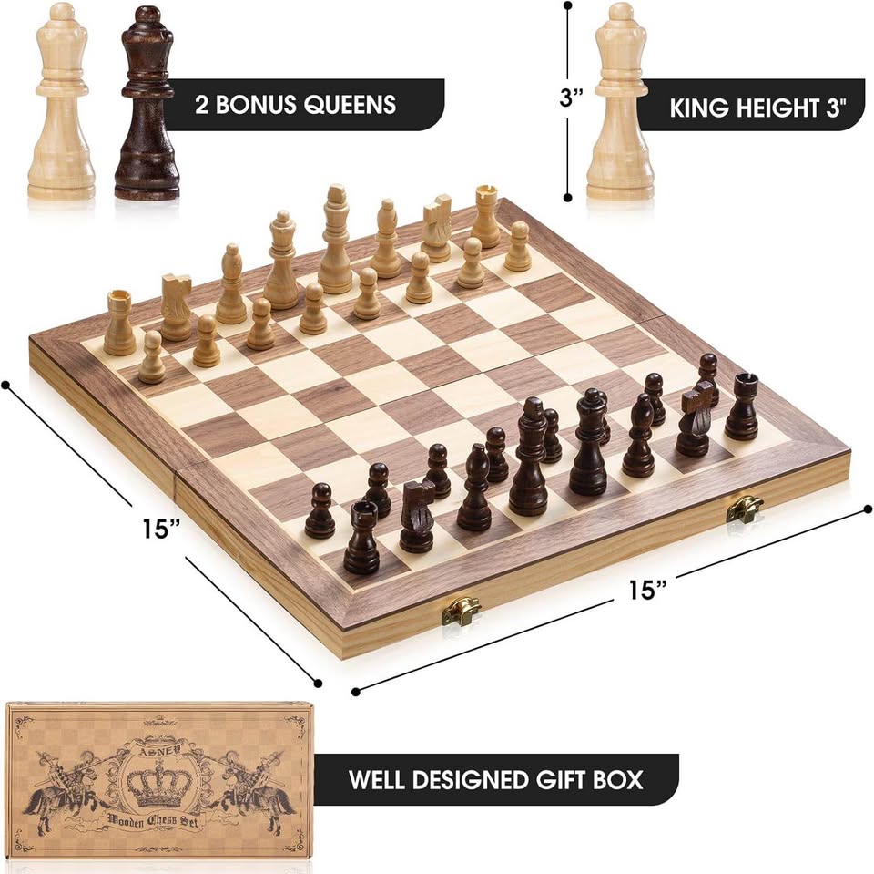 ASNEY 15" Wooden Magnetic Chess Set w/ Storage & Extra Queens