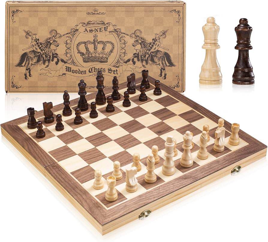 ASNEY 15" Wooden Magnetic Chess Set w/ Storage & Extra Queens