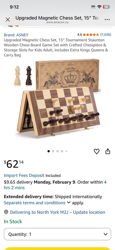 ASNEY 15" Wooden Magnetic Chess Set w/ Storage & Extra Queens