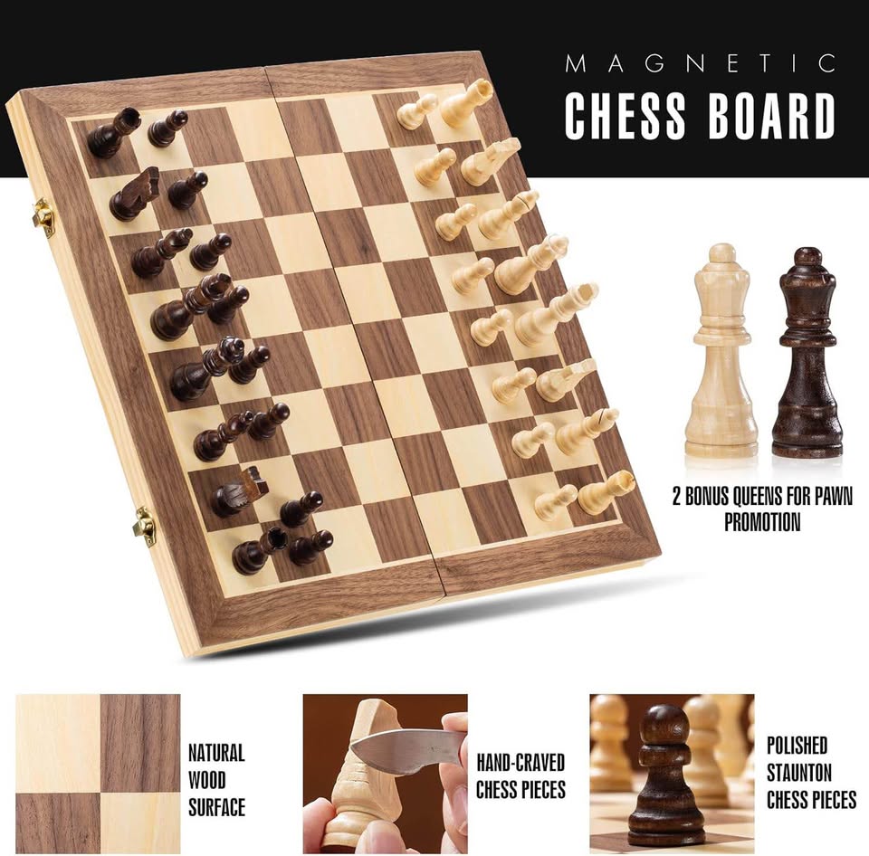 ASNEY 15" Wooden Magnetic Chess Set w/ Storage & Extra Queens