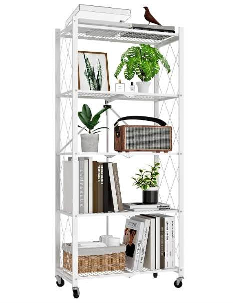 White/Black 5-Tier Folding Metal Shelf on Wheels