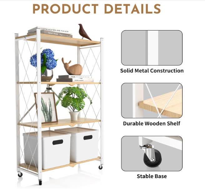Foldable 4-Tier Storage Shelf on Wheels