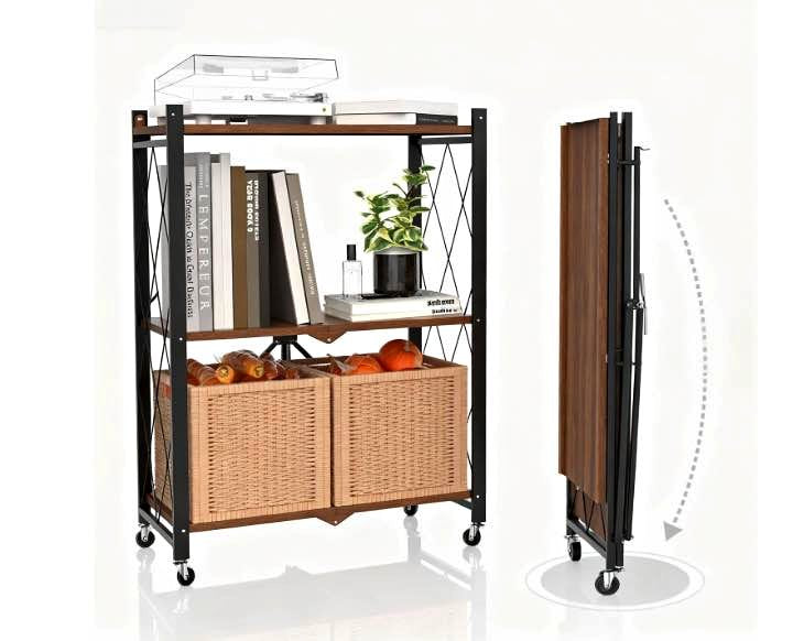 Foldable 3-Tier Rolling Shelf Wood Look Storage Rack