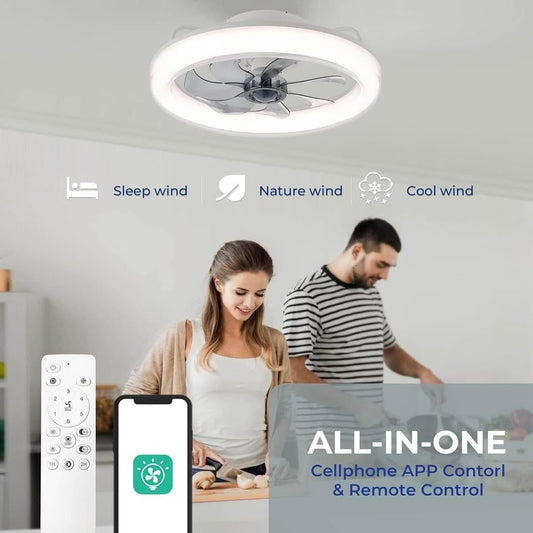 CHANFOK 20'' Low Profile Ceiling Fan with Light, Flush Mount Ceiling Fan with Dimmable Lights and 6 Speeds Reversible Blades, Ceiling Fans with Lights and Remote, App Control