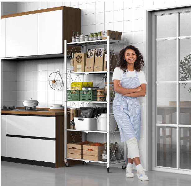 White/Black 5-Tier Folding Metal Shelf on Wheels