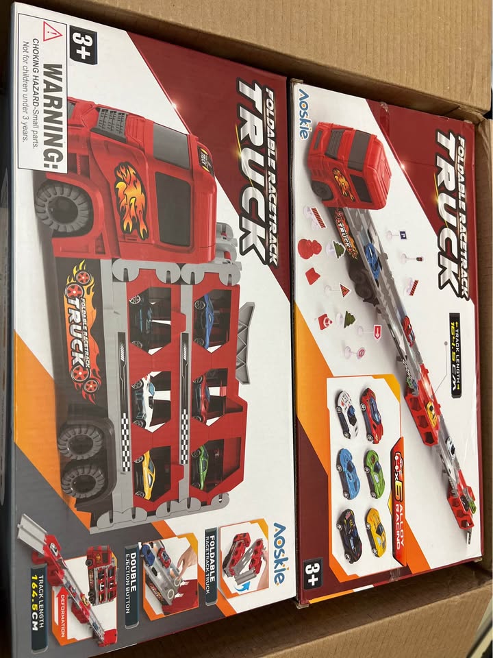 Red Foldable Racetrack Truck Toy Set with Cars and Signs