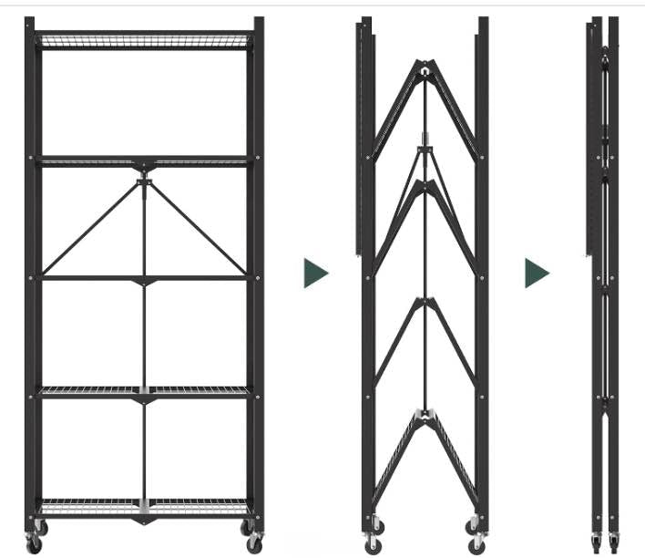 White/Black 5-Tier Folding Metal Shelf on Wheels