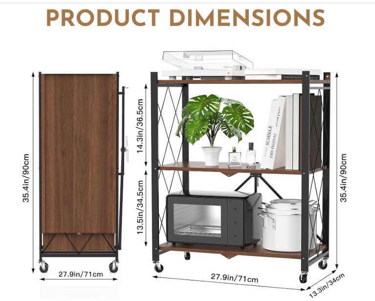 Foldable 3-Tier Rolling Shelf Wood Look Storage Rack