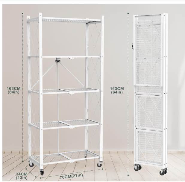White/Black 5-Tier Folding Metal Shelf on Wheels