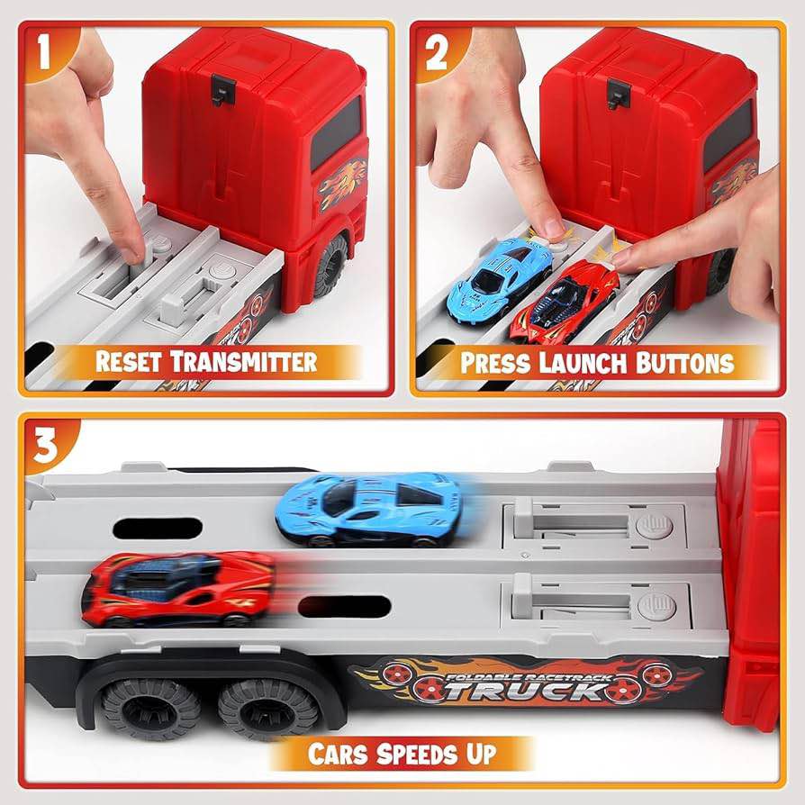 Red Foldable Racetrack Truck Toy Set with Cars and Signs