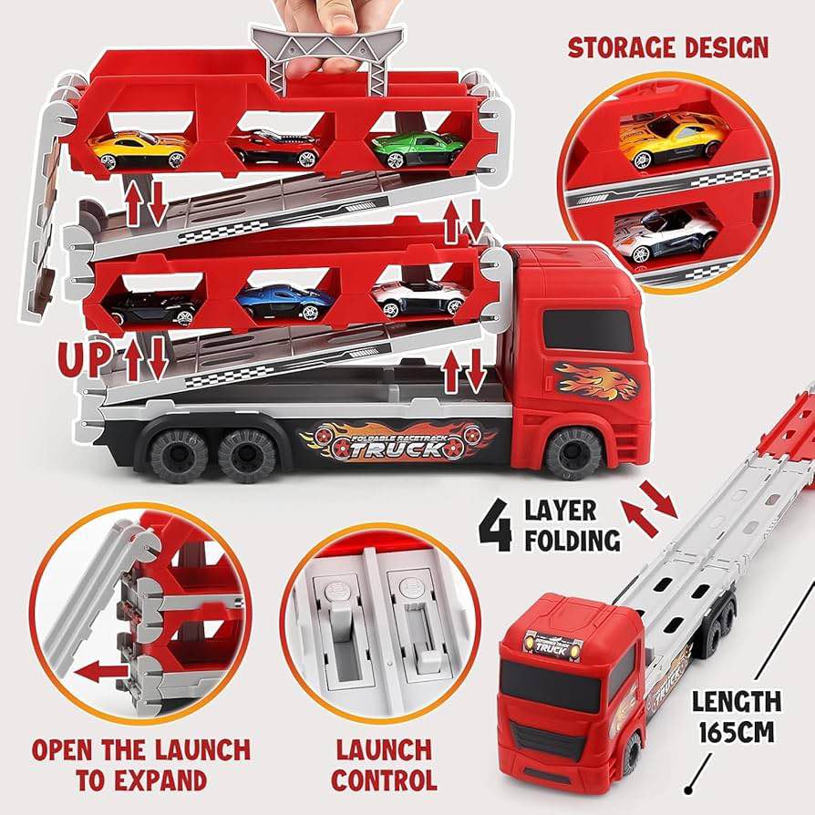 Red Foldable Racetrack Truck Toy Set with Cars and Signs