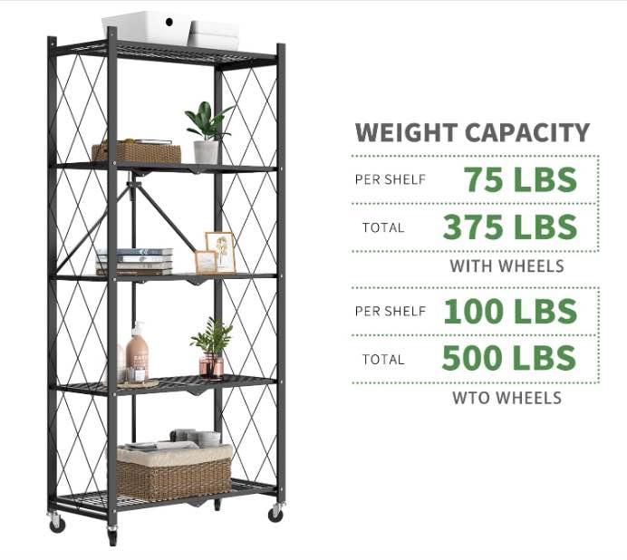 White/Black 5-Tier Folding Metal Shelf on Wheels