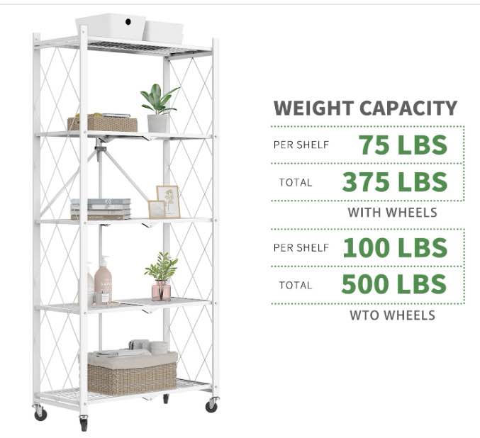White/Black 5-Tier Folding Metal Shelf on Wheels