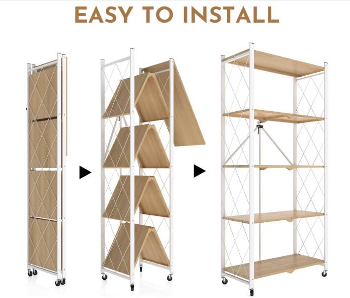5-Tier Foldable Rolling White & Wood Shelving Unit