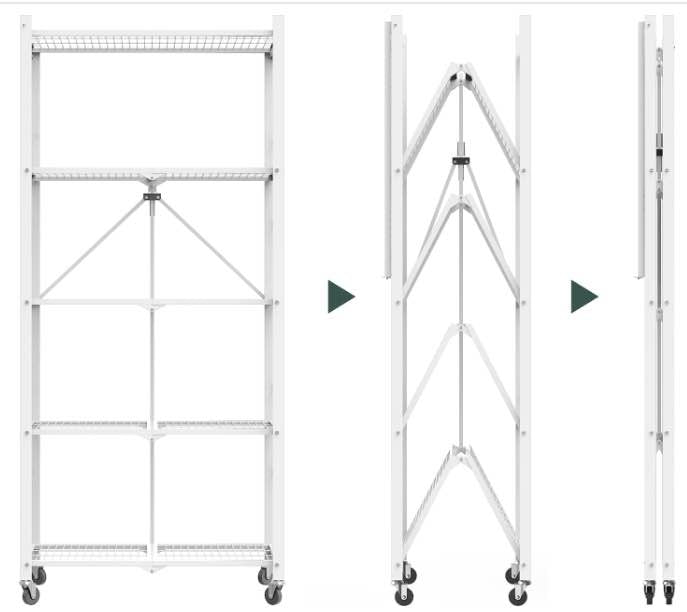 White/Black 5-Tier Folding Metal Shelf on Wheels