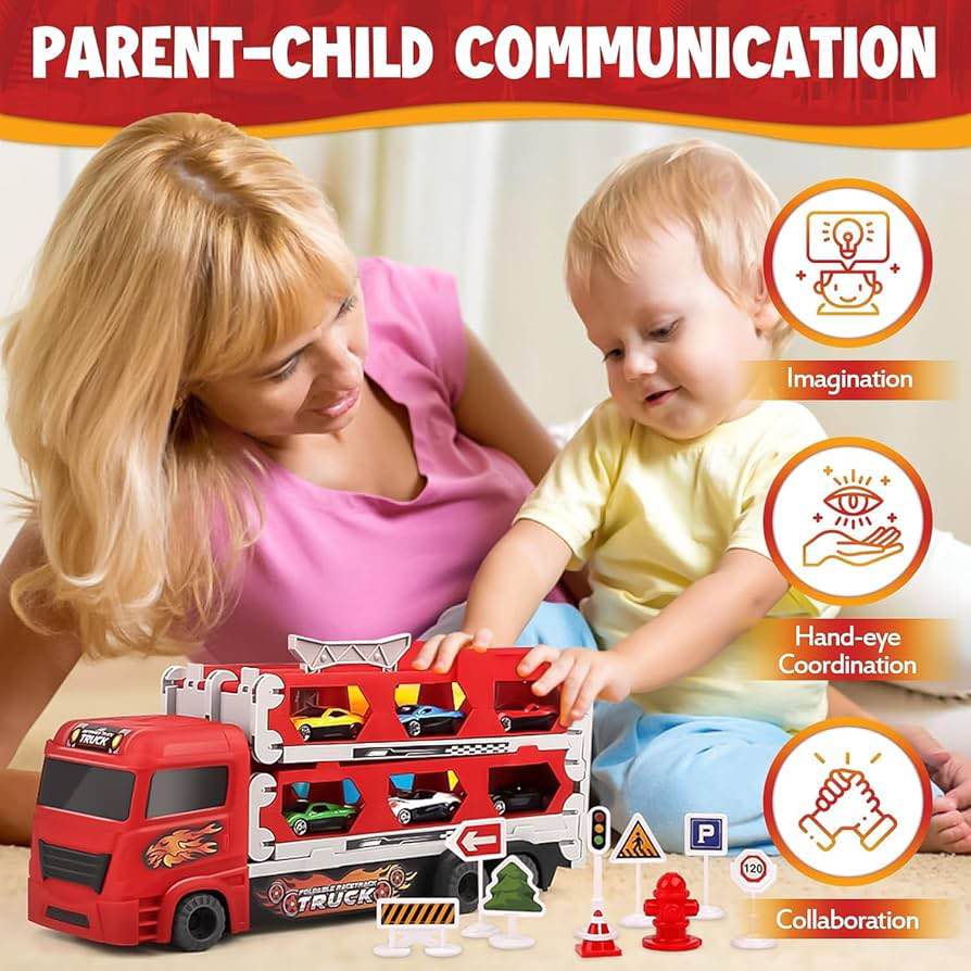 Red Foldable Racetrack Truck Toy Set with Cars and Signs