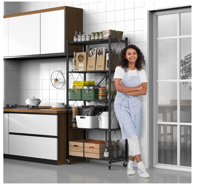 White/Black 5-Tier Folding Metal Shelf on Wheels