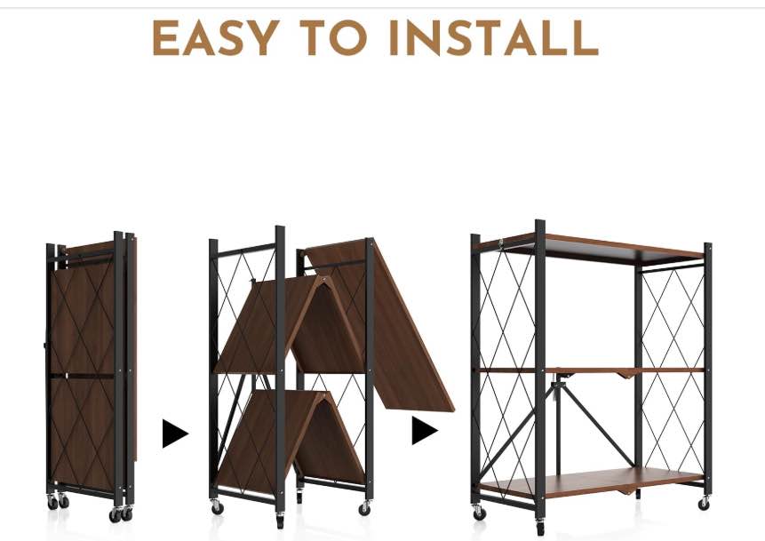 Foldable 3-Tier Rolling Shelf Wood Look Storage Rack