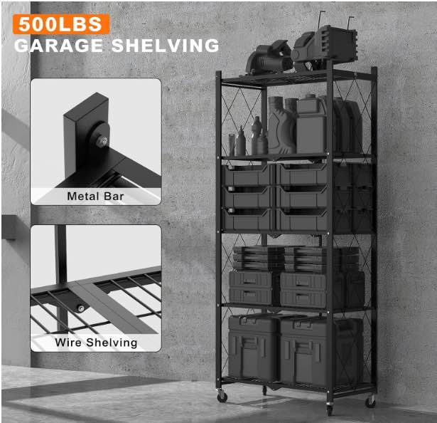 White/Black 5-Tier Folding Metal Shelf on Wheels