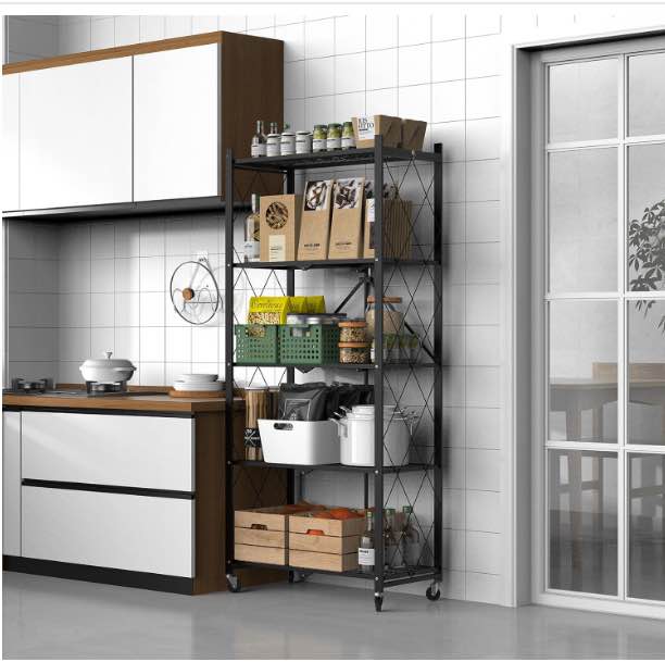White/Black 5-Tier Folding Metal Shelf on Wheels