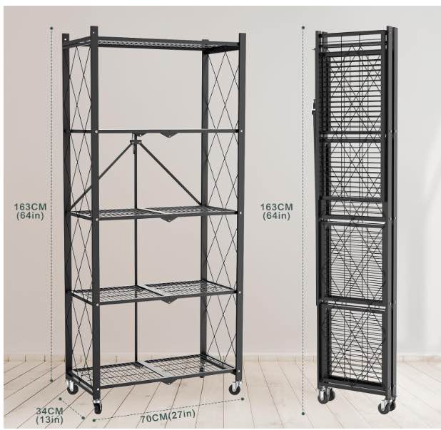 White/Black 5-Tier Folding Metal Shelf on Wheels
