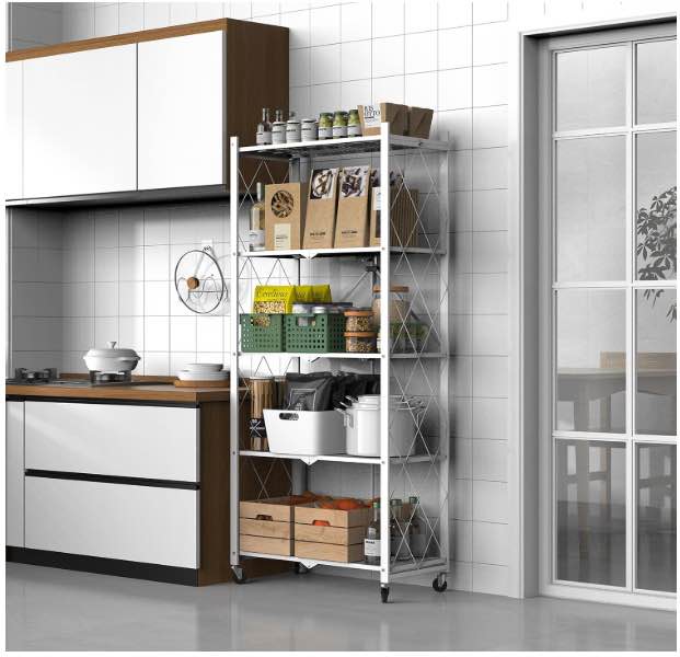 White/Black 5-Tier Folding Metal Shelf on Wheels