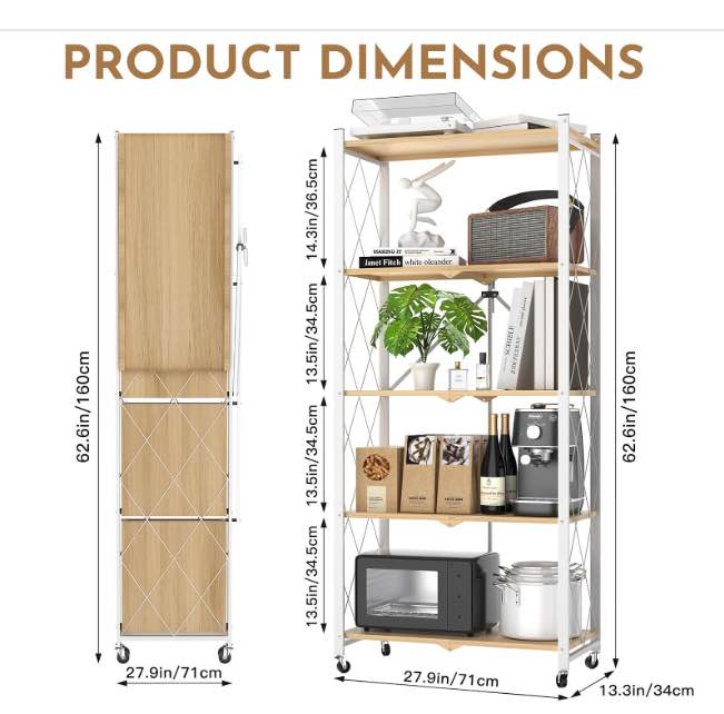 5-Tier Foldable Rolling White & Wood Shelving Unit