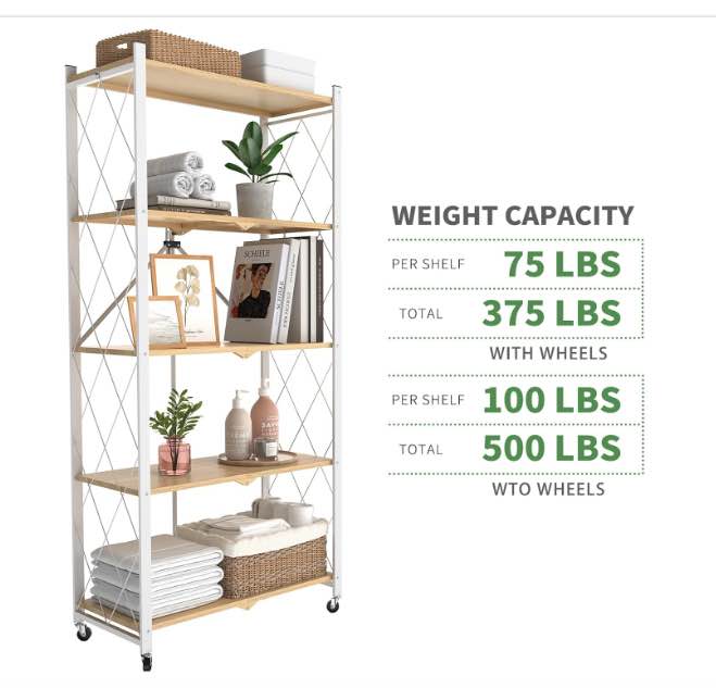 5-Tier Foldable Rolling White & Wood Shelving Unit