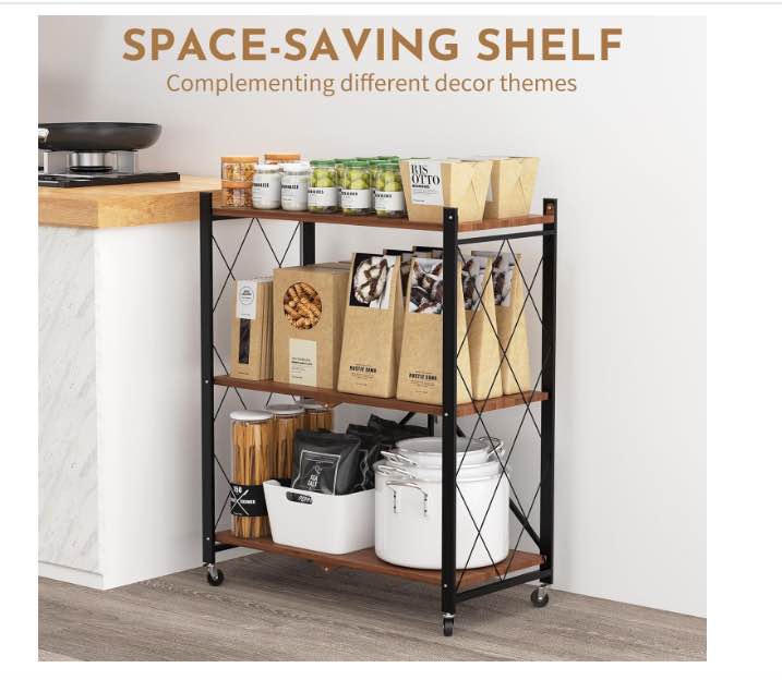 Foldable 3-Tier Rolling Shelf Wood Look Storage Rack