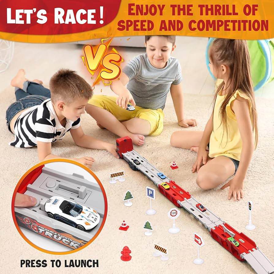 Red Foldable Racetrack Truck Toy Set with Cars and Signs