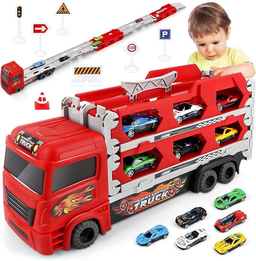 Red Foldable Racetrack Truck Toy Set with Cars and Signs