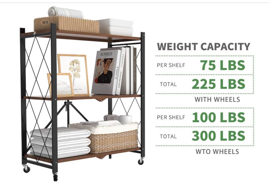 Foldable 3-Tier Rolling Shelf Wood Look Storage Rack