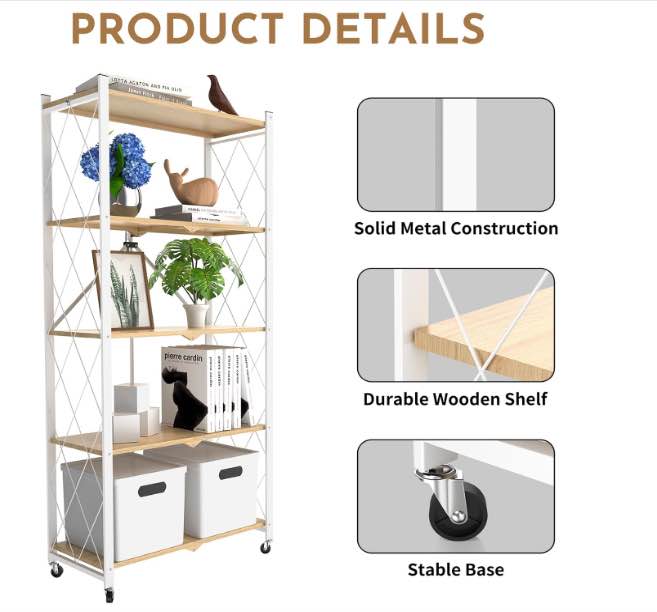 5-Tier Foldable Rolling White & Wood Shelving Unit
