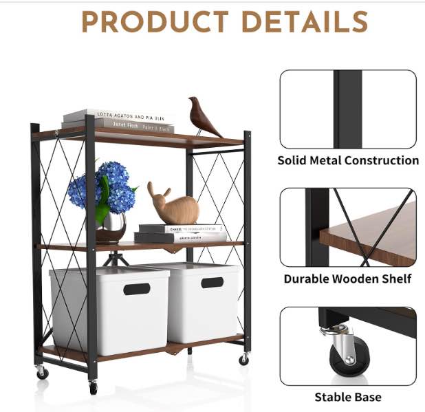 Foldable 3-Tier Rolling Shelf Wood Look Storage Rack