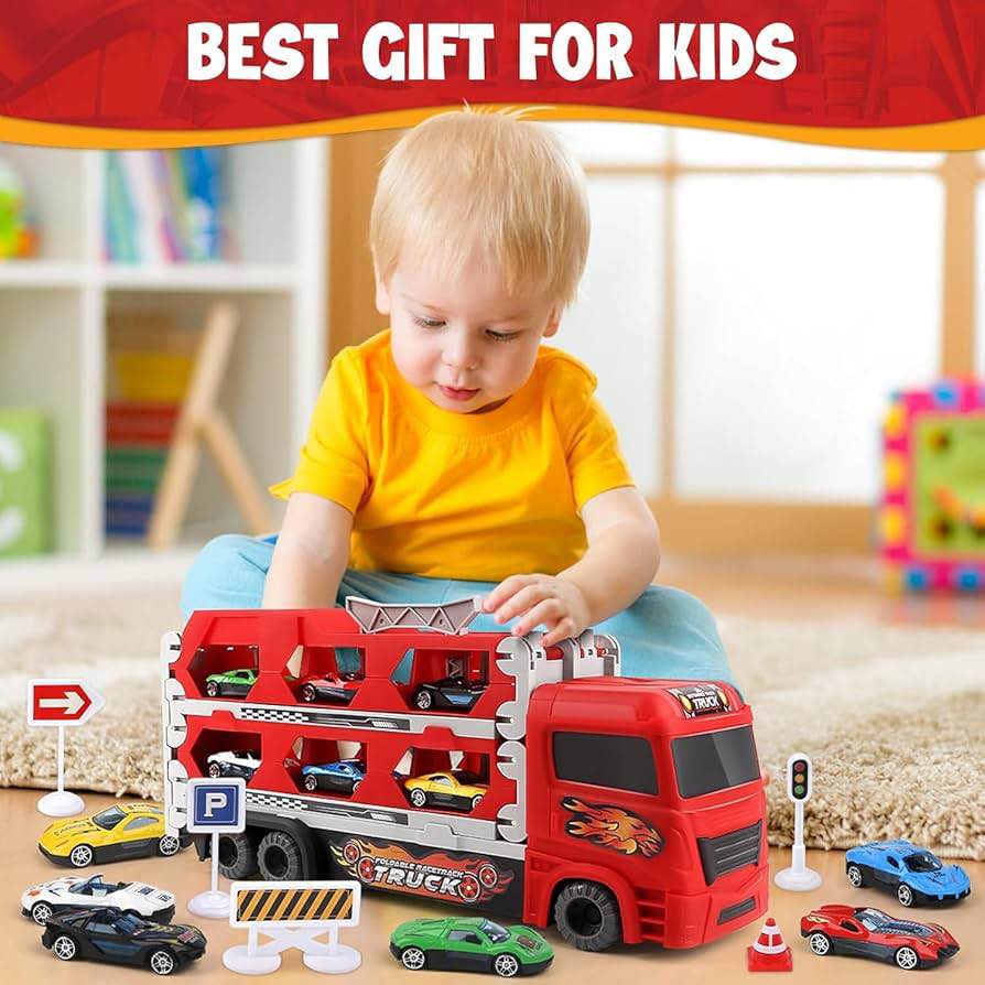 Red Foldable Racetrack Truck Toy Set with Cars and Signs