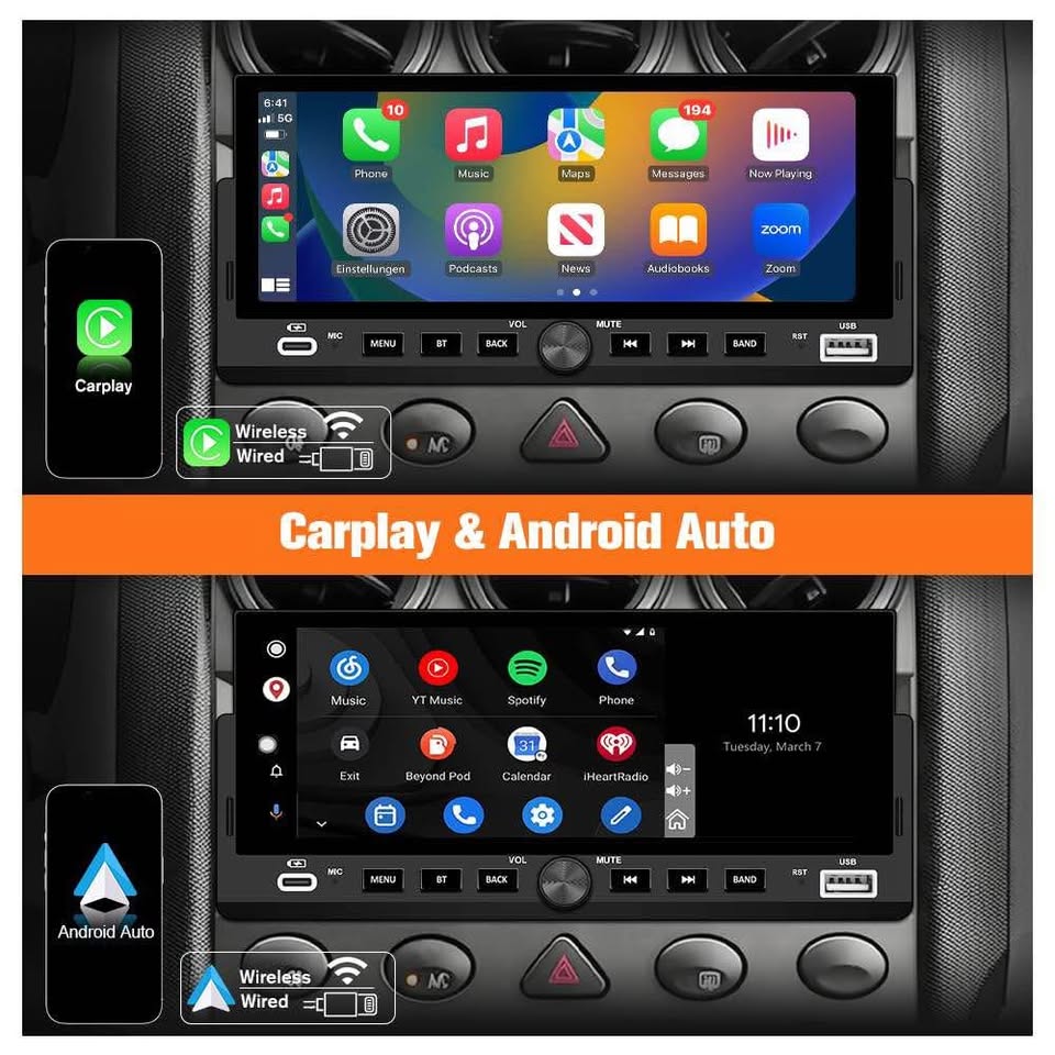 Pyniro Single Din Car Stereo, 6.86 Inch CarPlay & Android Auto HD IPS Touchscreen Radio with Bluetooth
