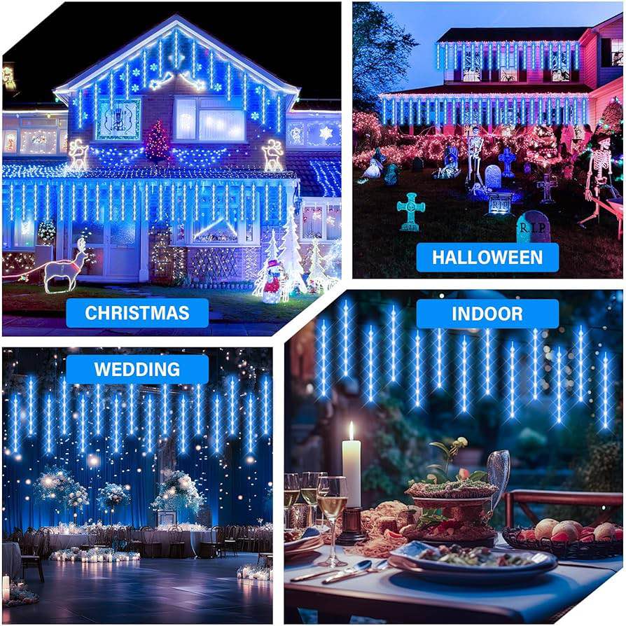20 Tubes 720 LED Meteor Shower Lights Outdoor Christmas Lights, UL Certified Falling Rain Drop Snowfall Icicle Cascading String Light for Xmas Holiday Tree Wedding Party Garden Decor,