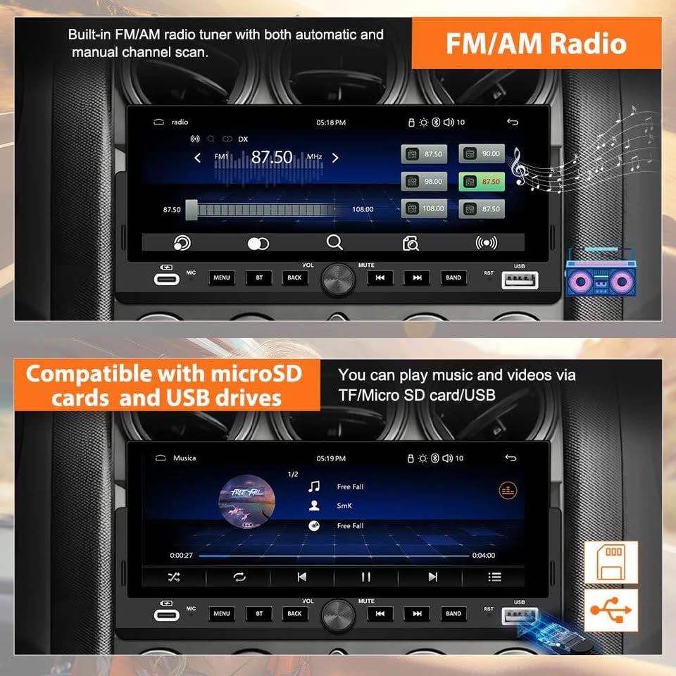 Pyniro Single Din Car Stereo, 6.86 Inch CarPlay & Android Auto HD IPS Touchscreen Radio with Bluetooth