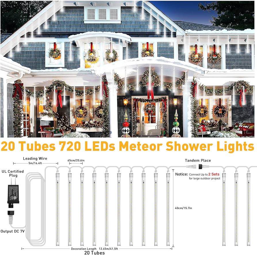 20 Tubes 720 LED Meteor Shower Lights Outdoor Christmas Lights, UL Certified Falling Rain Drop Snowfall Icicle Cascading String Light for Xmas Holiday Tree Wedding Party Garden Decor,